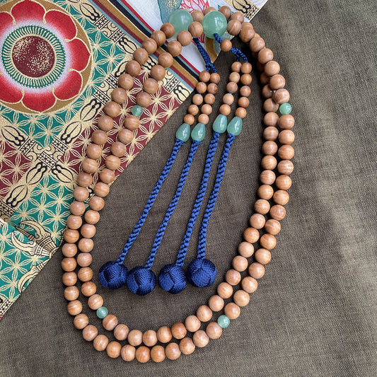 Shingon Nenju Size 3 (Mysore Black Meat Sandalwood 8mm round beads, with Jade spacers and beads, blue silk tassels)